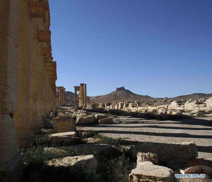 Damaged ancient architectures are seen in Palmyra of central Syria, on April 1, 2016. 