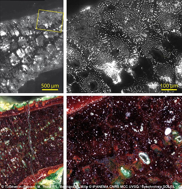 High spatial dynamics photoluminescence (PL, top) and optical microscopy (bottom) images of an area of a portion of one spoke of the wheel-shaped amulet. The images reveal microscopic copper oxide bristles that hint at how the artefact was made