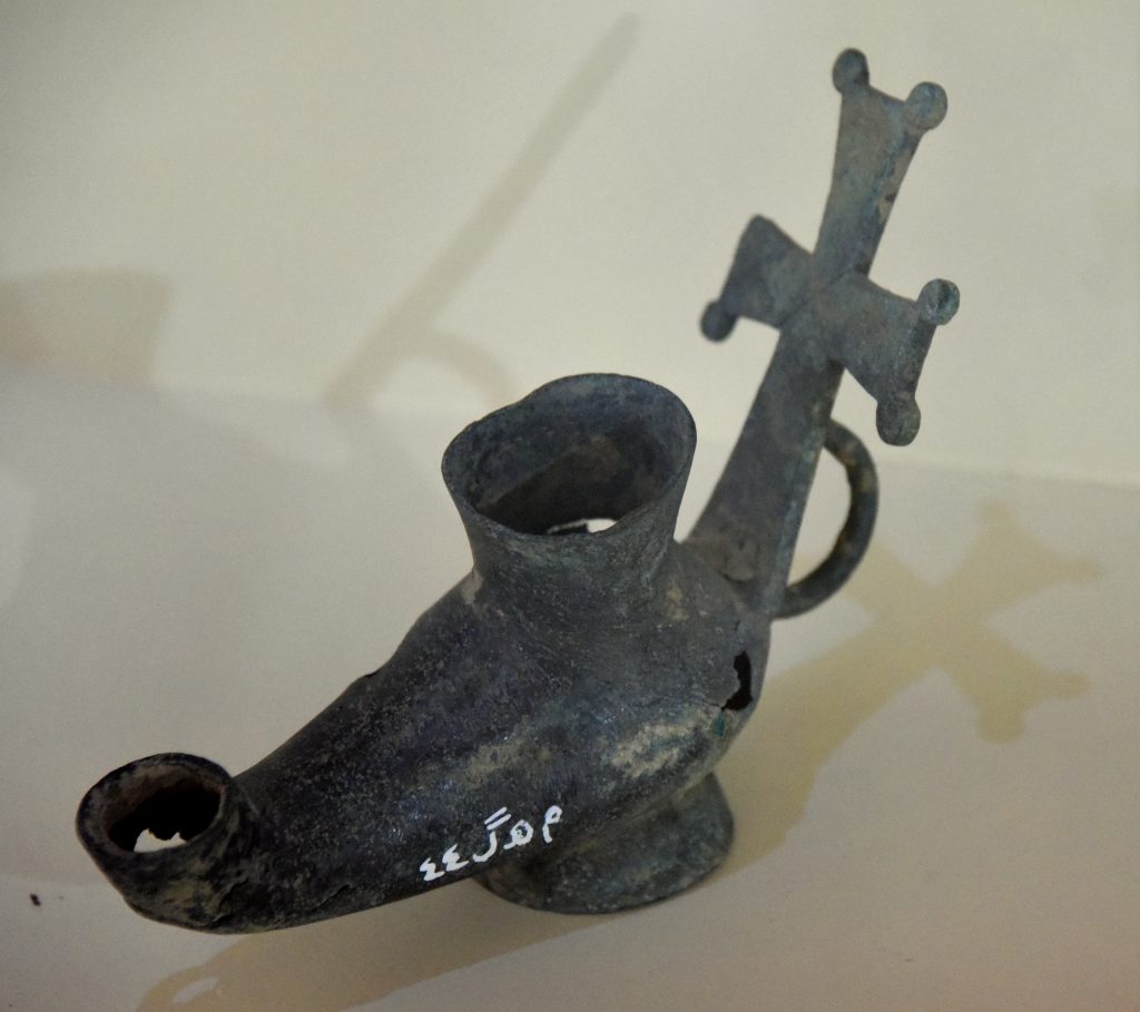 Bronze oil lamp (lantern). From Aquban district, Shaqlawa village, Erbil Governorate, Iraqi Kurdistan. Early Christian periods. Erbil Civilization Museum, Iraqi Kurdistan. Photo © Osama S. M. Amin.