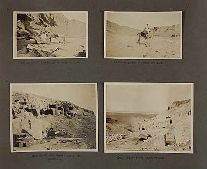 a page of a photo album showing four black and white photographs of a desert valley