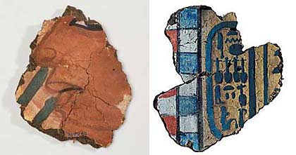 a side by side image of two plaster fragments showing a face and some hieroglyphs