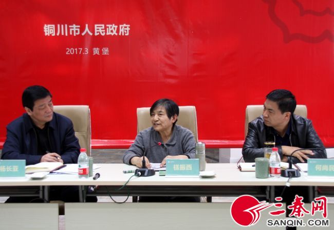 图一：2017年3月9日，禚振西（中）在铜川耀瓷文化产业发展座谈会上谈耀州窑保护的重要意义。铜川市市长杨长亚（左一）、副市长何尚民（右一）参加了座谈会。