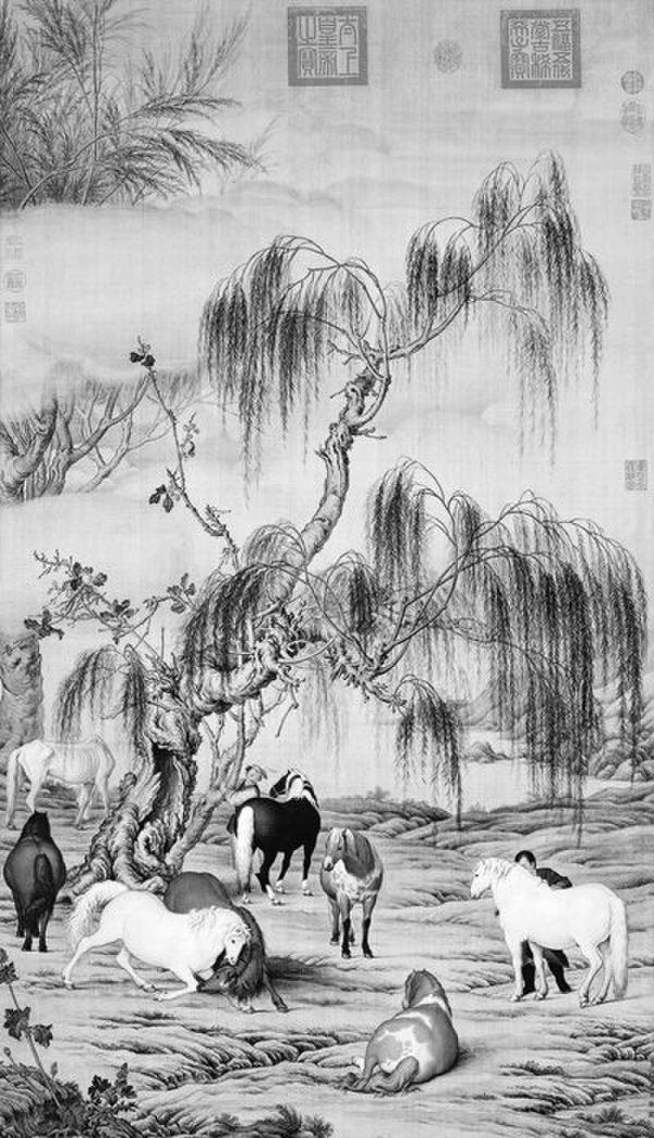 欧洲传教士郎世宁的作品《八骏图》，体现西洋画法。