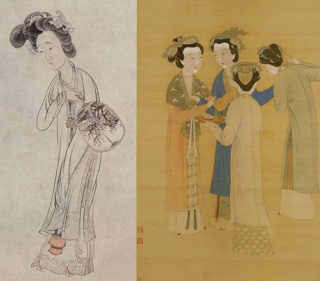 (左)明·陈洪绶《执扇仕女图》;(右)唐寅《孟蜀宫伎图》。感受一下“四头身美女” (左)明·陈洪绶《执扇仕女图》;(右)唐寅《孟蜀宫伎图》。感受一下“四头身美女”