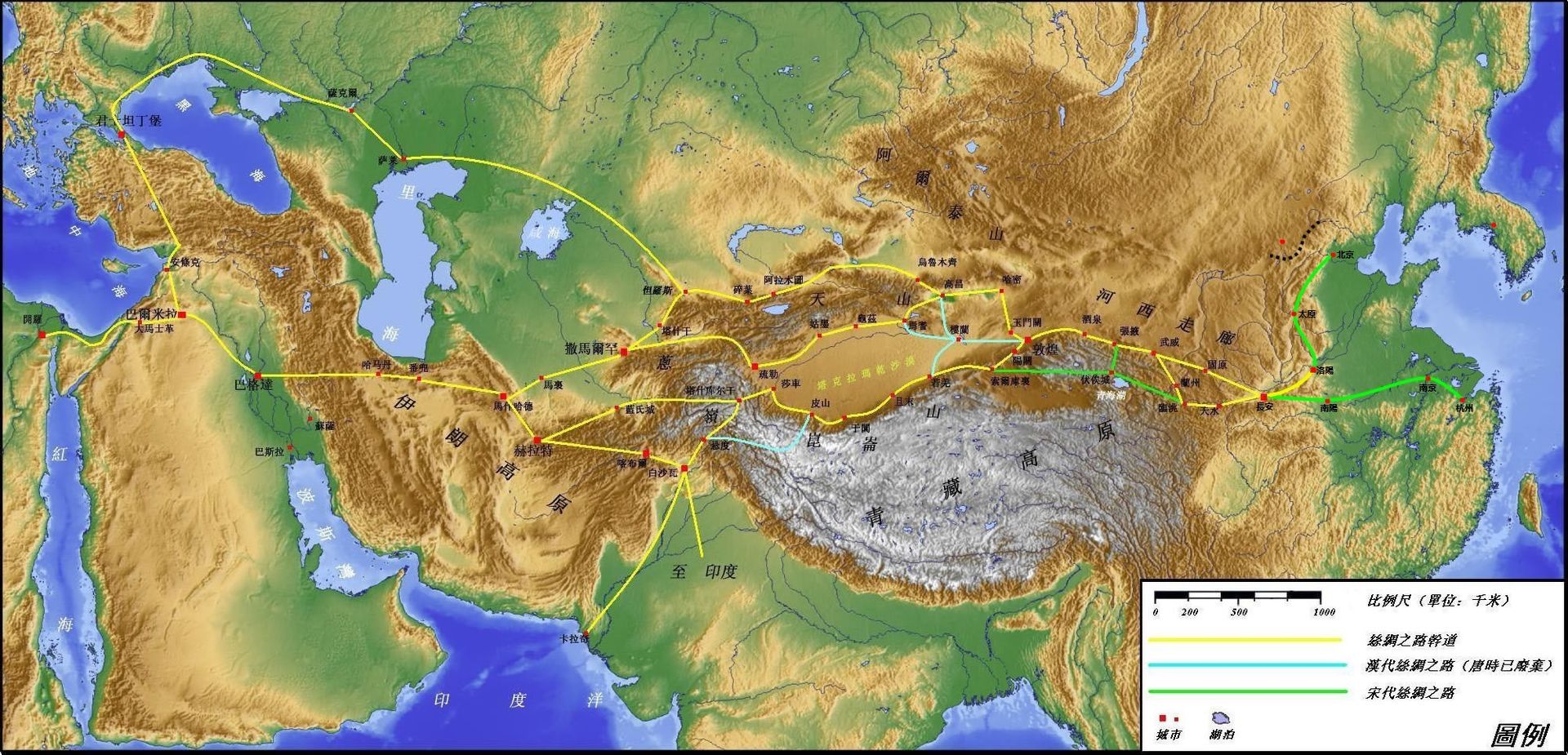 丝绸之路路线图(资料图)   比如说"一带一路"其实跟历史上的丝绸
