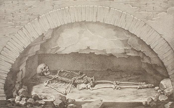 拉斐尔墓葬被打开时的骸骨，贾法蒂斯塔·博拉尼（Giambattista Borani）文森佐·卡布奇尼后绘制，约1833年，哥本哈根托瓦尔森博物馆藏