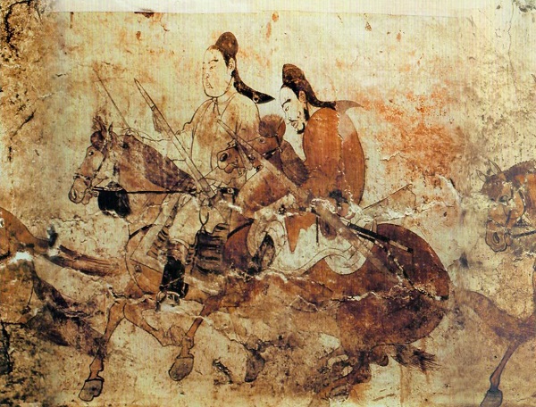 北齐娄睿墓壁画头戴风帽的骑马武士