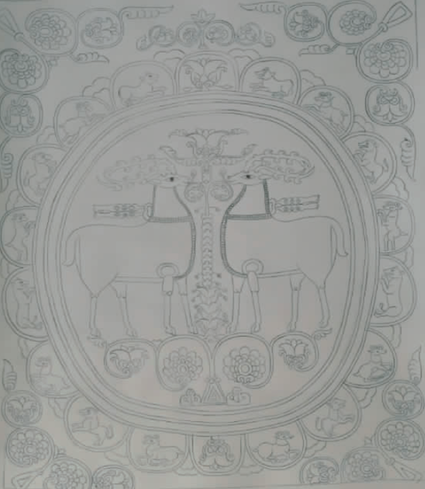 美国芝加哥普利兹克收藏的联珠纹团窠对鹿纹挂锦线描图，杨旦春绘