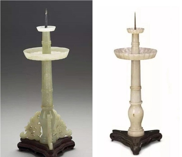 （左）玉烛长调烛台，台北故宫博物院藏，（右）玉烛长调烛台，故宫博物院藏