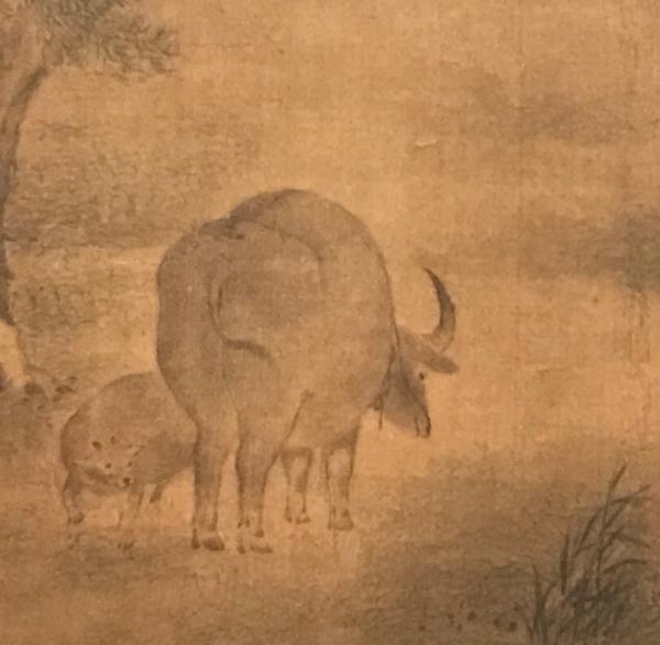 宋人《柳下双牛纨扇页》(局部)
