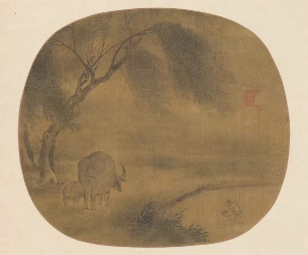 宋人《柳下双牛纨扇页》,绢本,设色,纵24.3厘米,横27.7厘米,上海博物馆藏