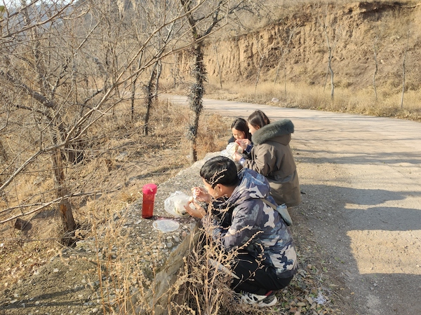 为了节省时间常常在野外草草地吃顿盒饭或面包