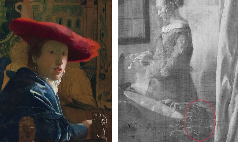 左:维米尔,《戴红帽子的女孩》,约1665年-1666年,华盛顿国家美术馆;右:德累斯顿藏《窗前读信的少女》红外线成像