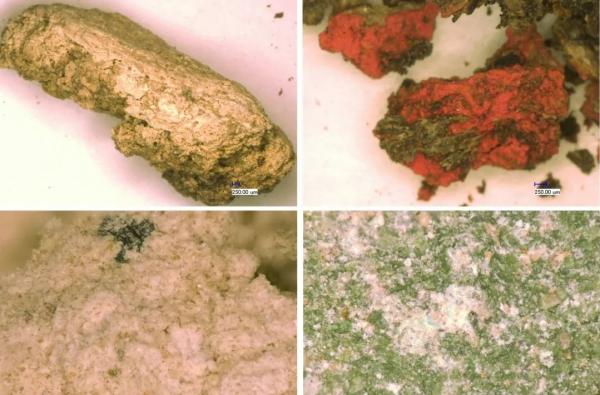 垣曲北白鹅墓地M4、 M9铜盒内残留物的显微分析结果（M4：油脂、朱砂；M9：方解石、文石）
