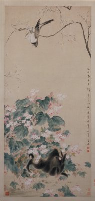 《海棠禽兔图》轴,清,华嵒作,纸本,设色,纵135.2厘米,横52.8厘米。