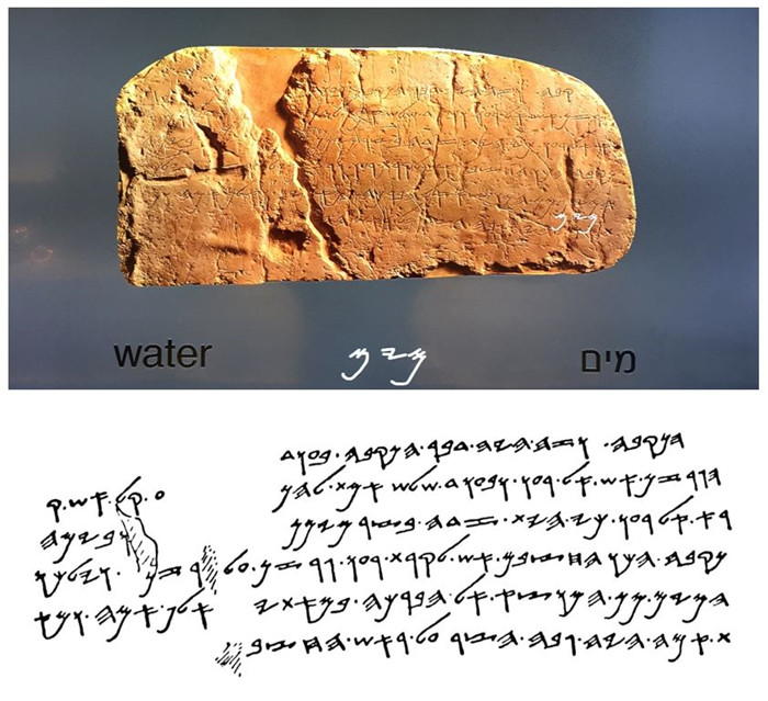 上图为以色列博物馆展出的西罗亚碑文照片（李思琪/摄），下图为其拓文。图片来源：Shmuel Aḥituv, Echoes from the Past: Hebrew and Cognate Inscriptions from the Biblical Period (Jerusalem: Carta, 2008), pp. 19–25.