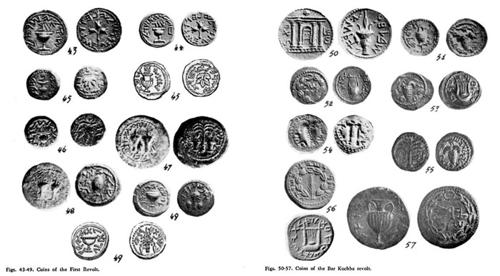 左图：第一次犹太起义（公元66–70年）的钱币；右图：第二次犹太起义（公元132–135年）的钱币。图片来源：Kanael, Baruch，“Ancient Jewish Coins and Their Historical Importance，”The Biblical Archaeologist 26 (1963): 38-62.