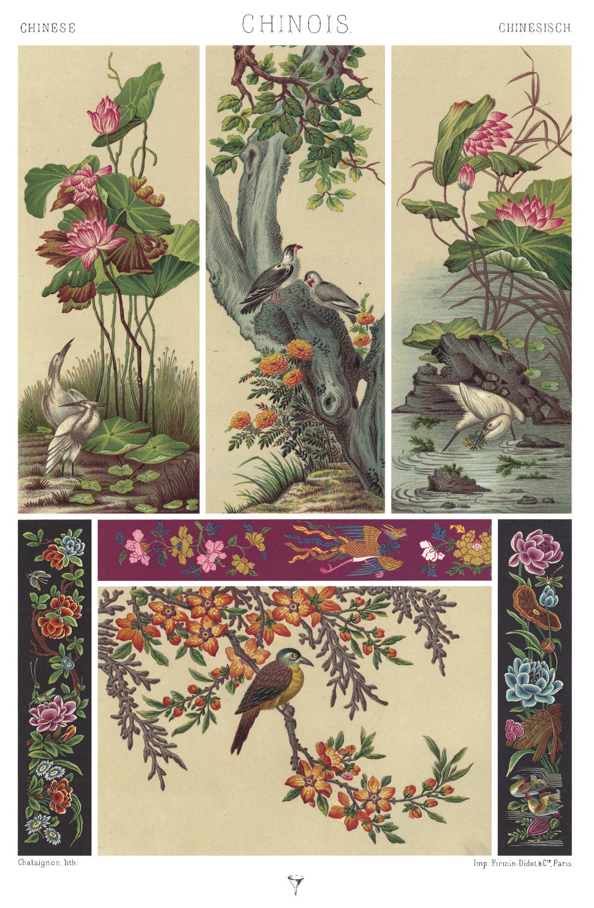 图版一百〇九，花鸟山水画、刺绣及印花织物