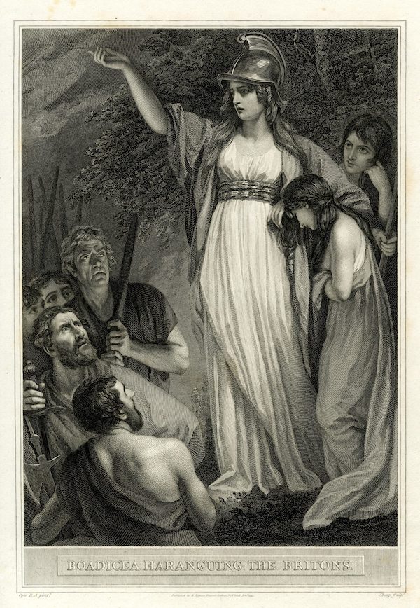 有关英格兰历史的插图中,布狄卡女王在人群中发表演说。蚀刻版画,1795年