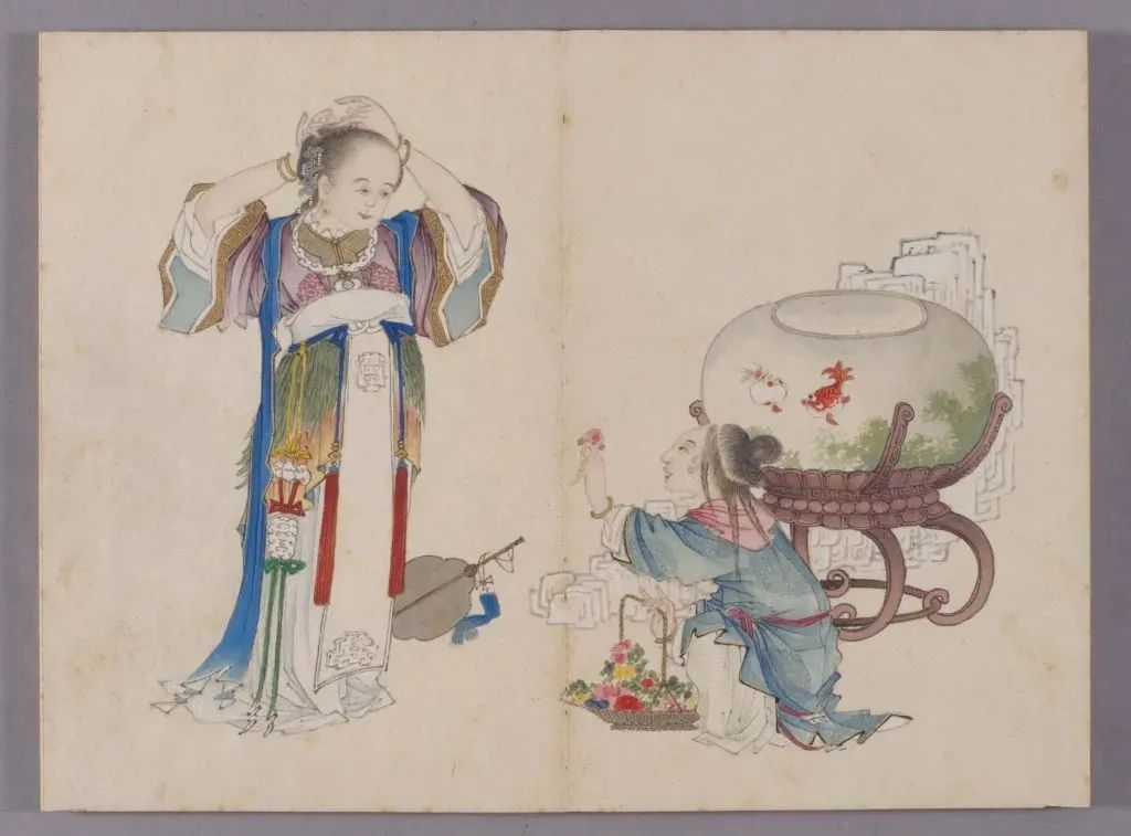 清 喻兰《仕女清娱图》册 梳妆，故宫博物院藏