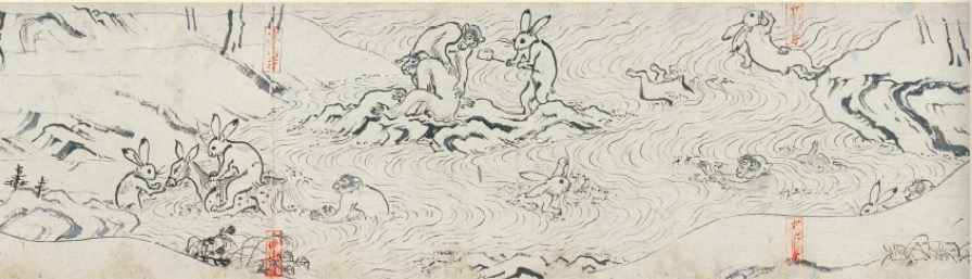 《鸟兽戏画·甲卷》（局部），平安时代（12世纪），京都高山寺藏。图为兔子和猴子玩水的场景，其中有一只兔子捏着鼻子跃入水中。