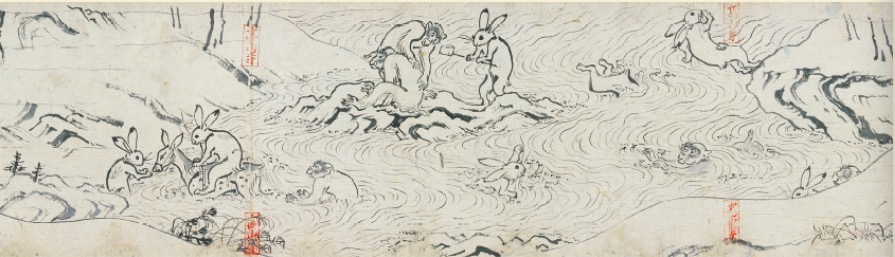 《鸟兽戏画·甲卷》(局部),平安时代(12世纪),京都高山寺藏。图为兔子和猴子玩水的场景,其中有一只兔子捏着鼻子跃入水中。