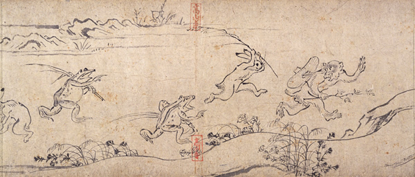 《鸟兽戏画·甲卷》中追逐小偷猴子的兔子和青蛙