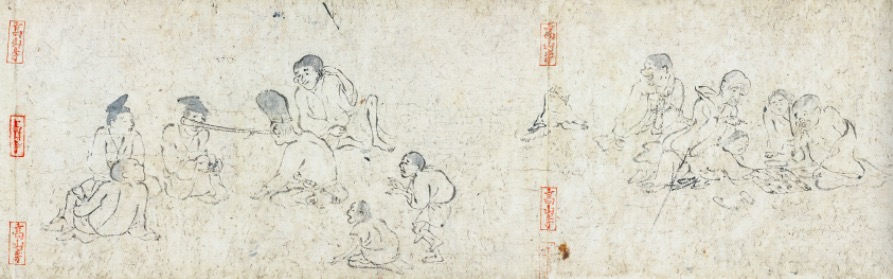 《鸟兽戏画·丙卷》（局部），平安时代至镰仓时代（12世纪—13世纪），京都高山寺藏。画面中绘有对弈等场面。