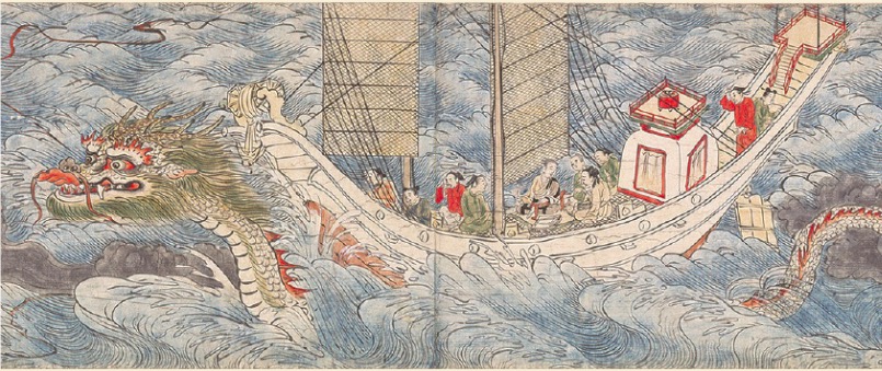 《华严宗祖师绘卷·义湘绘》(局部),描绘善妙变成龙帮助义湘度海的场面