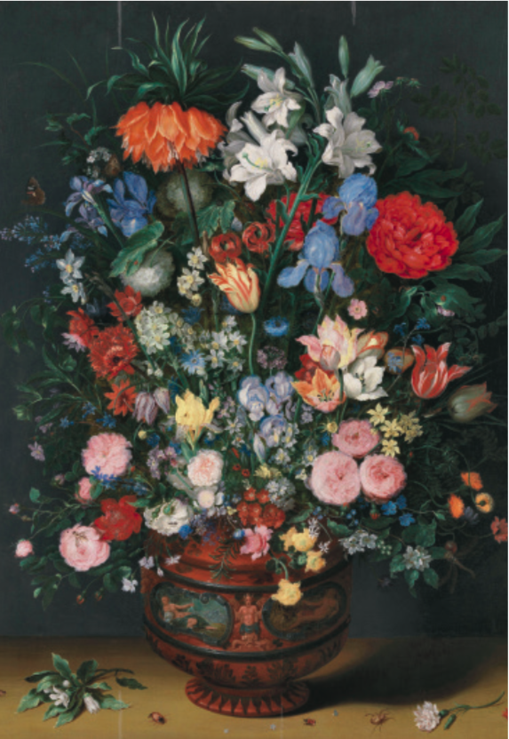 老扬·勃鲁盖尔 陶瓷瓶中的花卉(局部) 布面油画 约公元1620年 〔比〕安特卫普皇家艺术博物馆藏