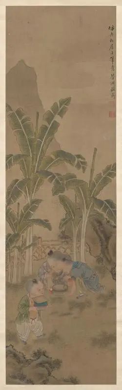 杜蘅,《仿唐寅庭院戏蟋蟀图》,清中晚期(1775-1825),立轴,纸本设色