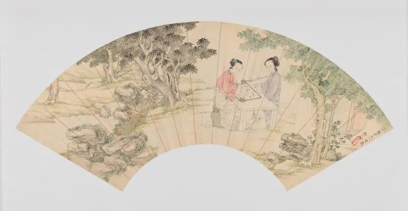 郑杰,《桐阴仕女弈棋图》,清中期(1644–1911),扇面,纸本设色