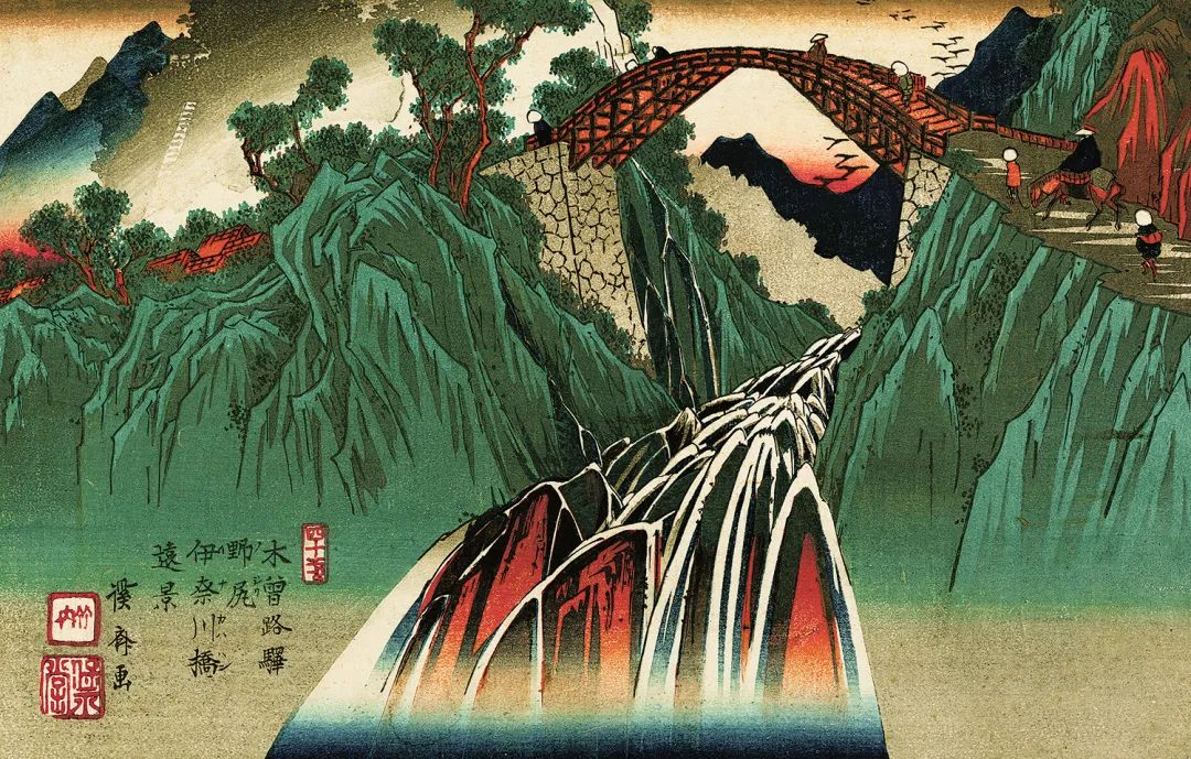 Keisai Eisen, Les Relais de la route du Kisoji. Relais n°41. Nojiri : vue du pont de la rivière Inagawa, 1835-1838. © Fundacja Jerzego Leskowicza.