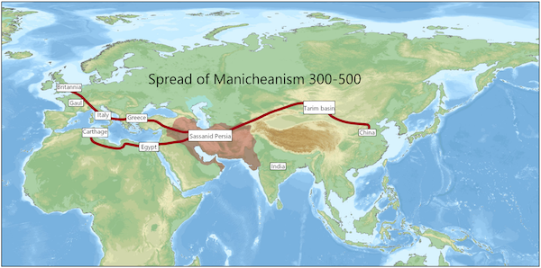 摩尼教的传播路线,World History Atlas, Dorling Kindersly.