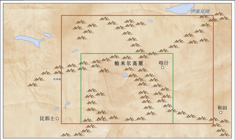 玄奘的葱岭(红框)与现代帕米尔高原(绿框)的范围示意(均不包括平原)
