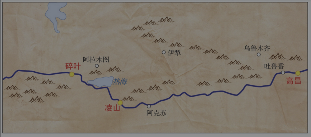 玄奘西去碎叶的路线，资料来源：侯杨方《丝绸之路地理信息系统》