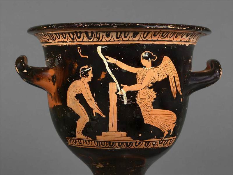 女神尼姬与跳远运动员图样双耳爵,雅典,公元前400年至公元前375年, 藏于卢浮宫博物馆