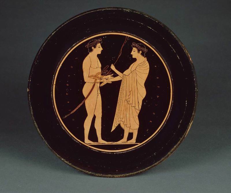 讲练与运动员图样陶盘,雅典,公元前520年至公元前510年,藏于卢浮宫博物馆