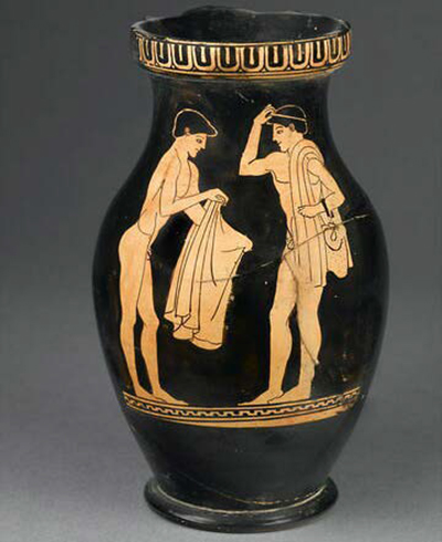 年轻男子更衣图样酒坛,雅典,公元前470年,藏于卢浮宫博物馆