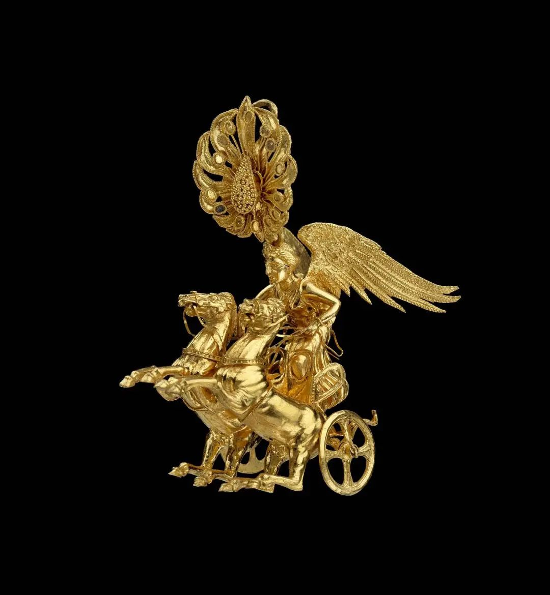 Earring with Nike driving a two-horse chariot, Greek, Northern Greek, Late Classical or Early Hellenistic Period, about 350–325 B.C., Gold and enamelr