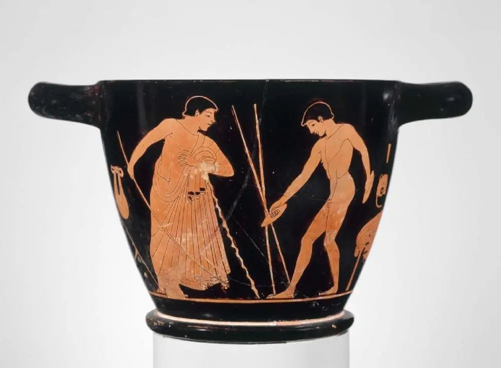 Bowl (dinos) depicting athletes training, Manner of the Dinos Painter, Greek, Classical Period, about 430–420 B.C. Place of Manufacture- Greece, Attica, Athens, Ceramic, Red Figure