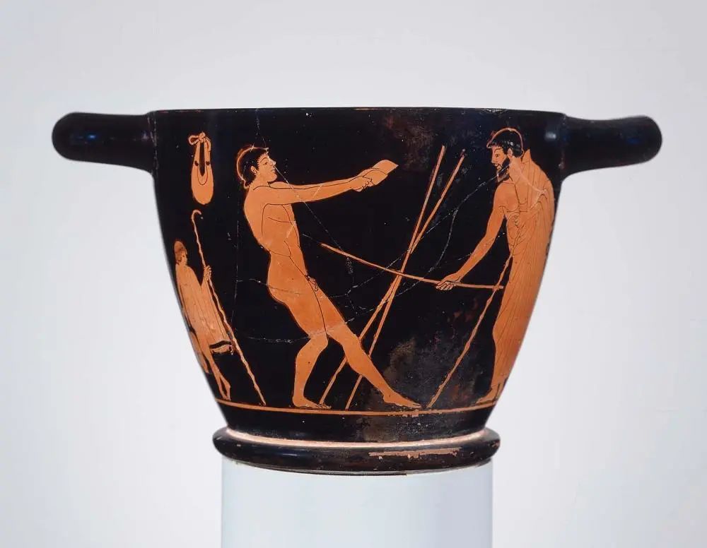 Bowl (dinos) depicting athletes training, Manner of the Dinos Painter, Greek, Classical Period, about 430–420 B.C. Place of Manufacture- Greece, Attica, Athens, Ceramic, Red Figure