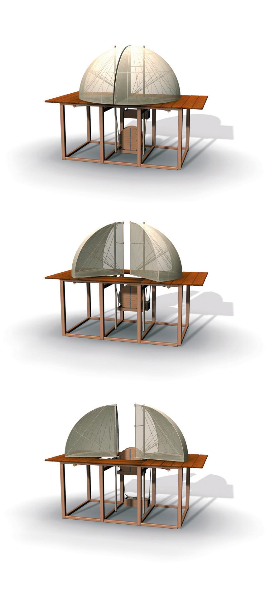 3D再现达·芬奇《俄耳甫斯》舞台布景。 戏剧布景的3个工作阶段：舞台紧闭、开始启动和完全张开。布景完全张开之后，演员们出现在观众眼前。 上：这一系列的图片展示了舞台张开的过程。在表演过程中，拱顶成为山景的一部分。当然，山体不可能完全是半圆形的，所以舞台上肯定还有绘制着山峰的纸板，力求逼真的效果。由于纸板很轻，可以大规模制作，用来隐藏复杂的滑轮和拉杆系统。 中：随着剧情的发展，第二个舞台会在特定的时间完全张开，起到强烈的戏剧性效果。两只巨拱在旋转的时候不仅能展开新的画面，还能让演员直接出现在舞台上，省略了他们在两厢等待的步骤。 下：拱顶完全打开之后，为演员们拓宽了表演的空间。