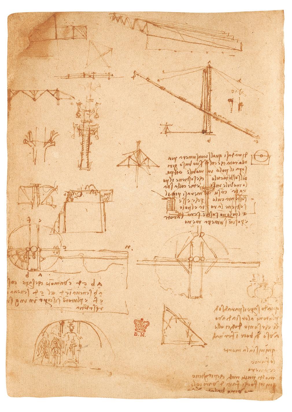 达·芬奇设计的舞台机器散布在各种手稿之中。这幅图来源于《艾伦德尔手稿》，但是其余的部分收藏在《图谱抄本》和私人收藏家手中。