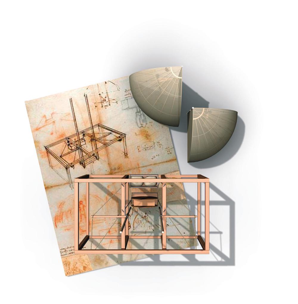 私人收藏家提供的手稿。这是一幅非常清晰的设计图，可能是提交给客户或者建造商的。图纸中能看到滑轮系统和升降平台的设计细节。