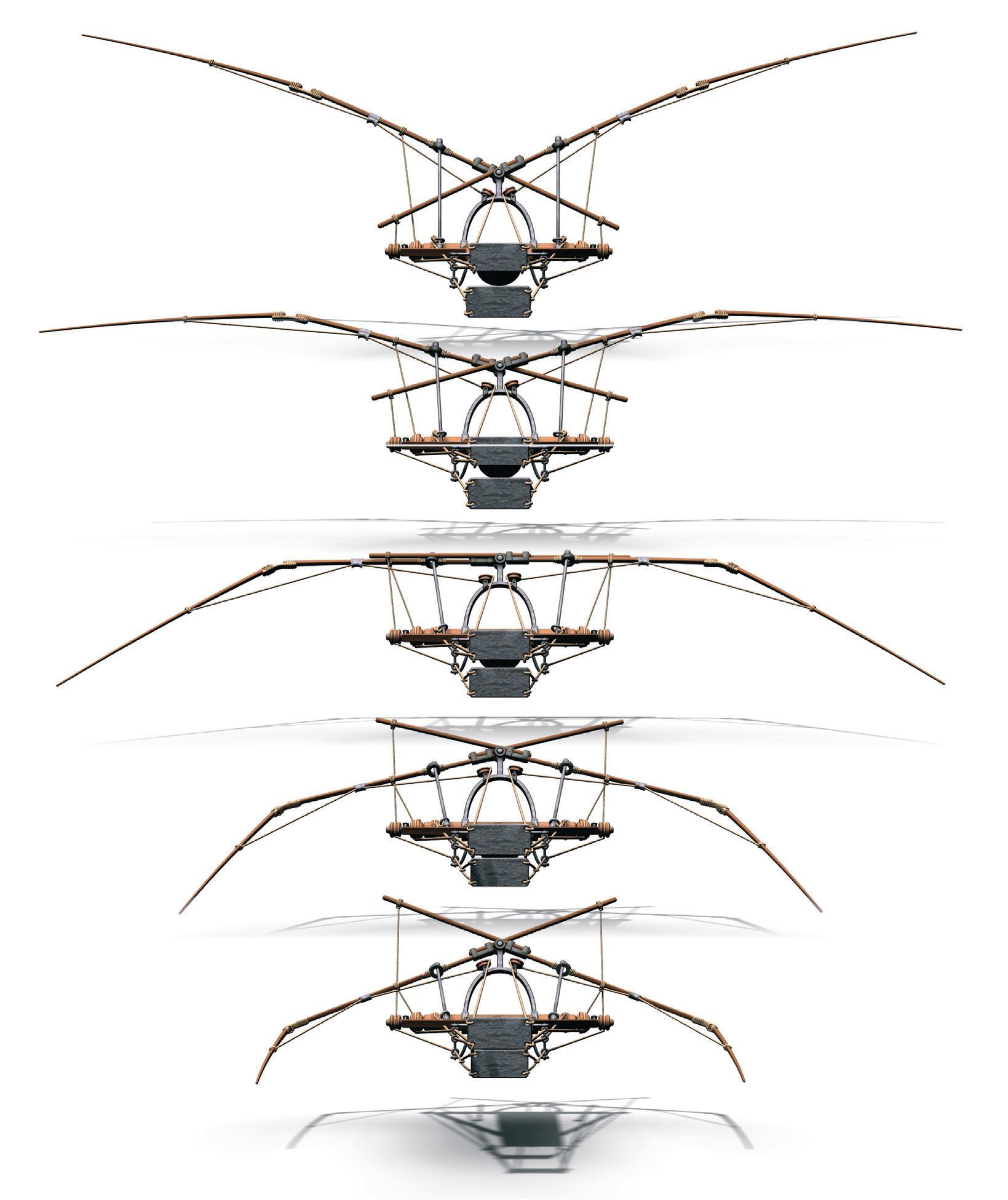 飞行器运作原理的正面图，可以看到机翼展开的过程