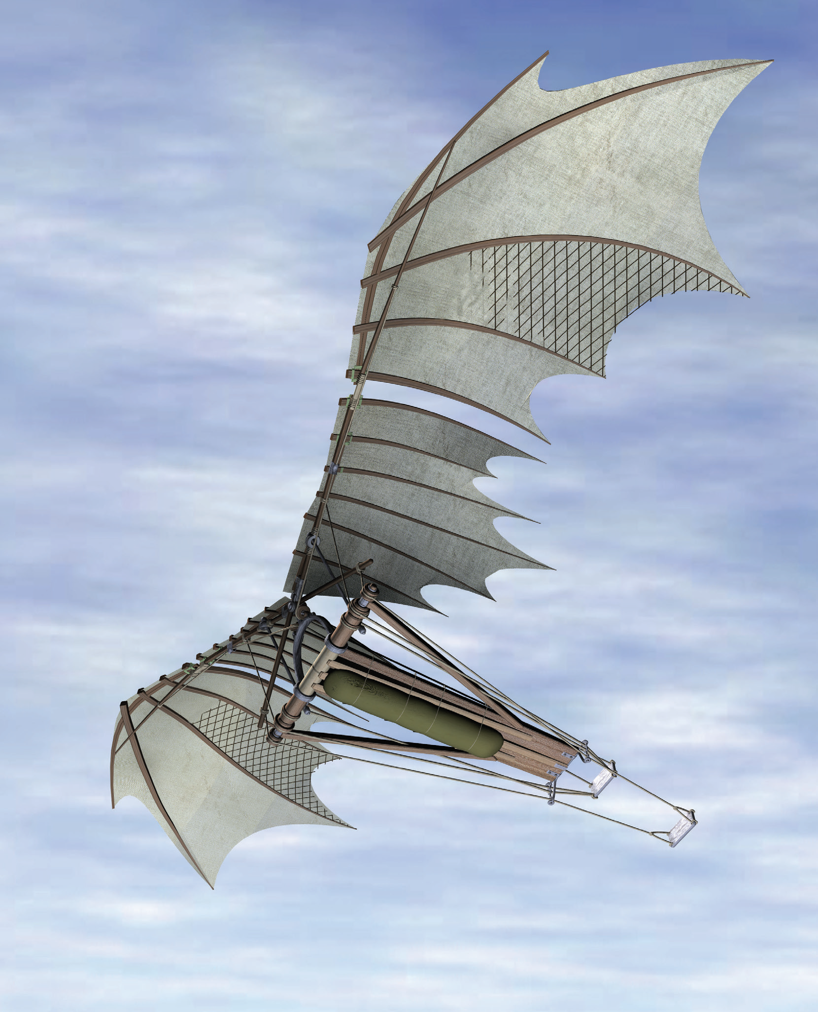 在这个假想的飞行测试中，机翼的结构有所变动，而增加的部分参考了达· 芬奇在这页手稿的背面《巴黎手稿B》74r中的设计。出于安全考虑，达· 芬奇认为这部机器应该在湖面上进行测试。他在飞行器的下部设计了一个漂浮装置，以免它沉入水底。