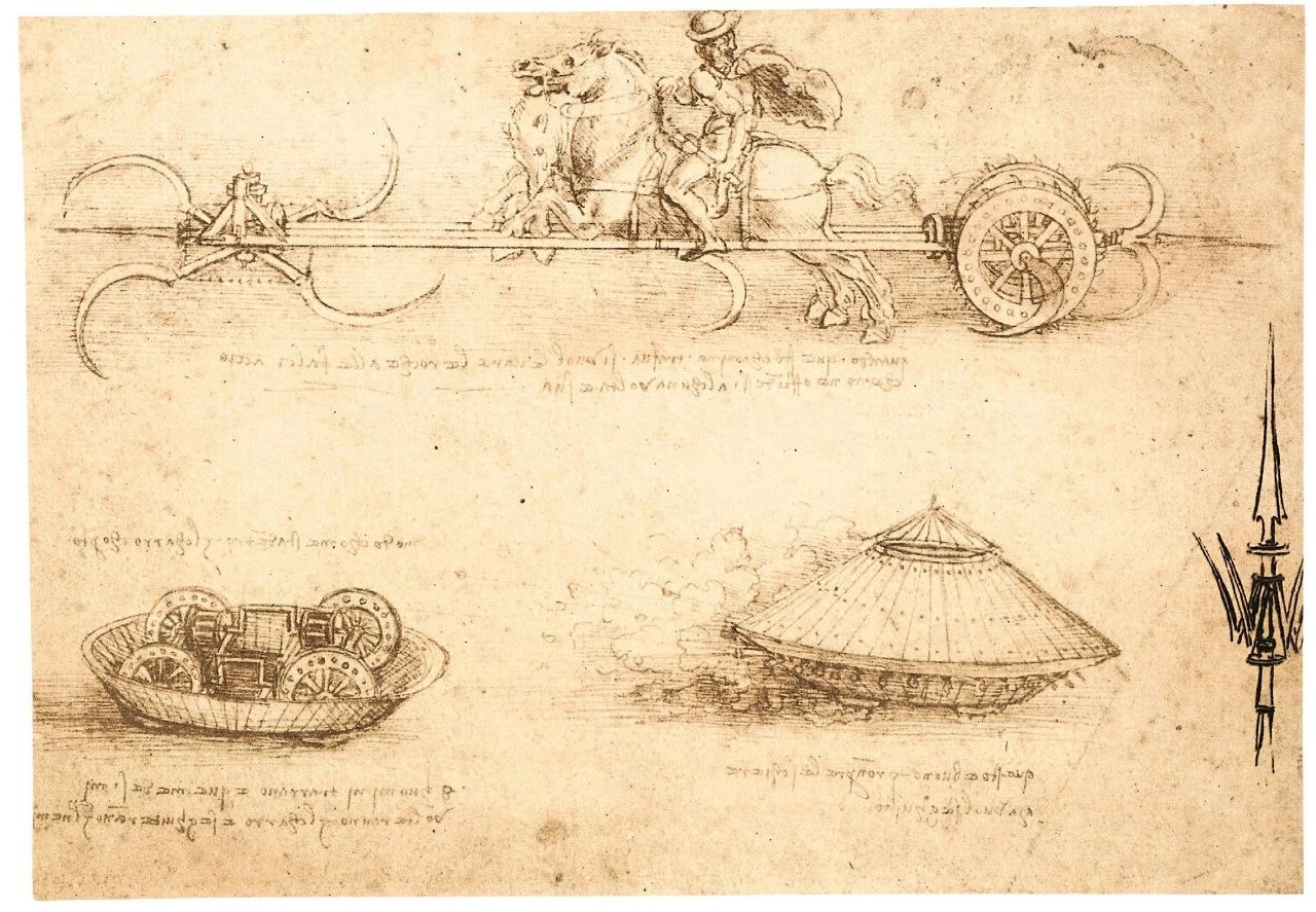 《波帕姆手稿》No.1030，手稿下方两幅图，第一幅展示了移动战车的机械装置，第二幅绘制了一辆战车正在飞速穿越战场的情景。