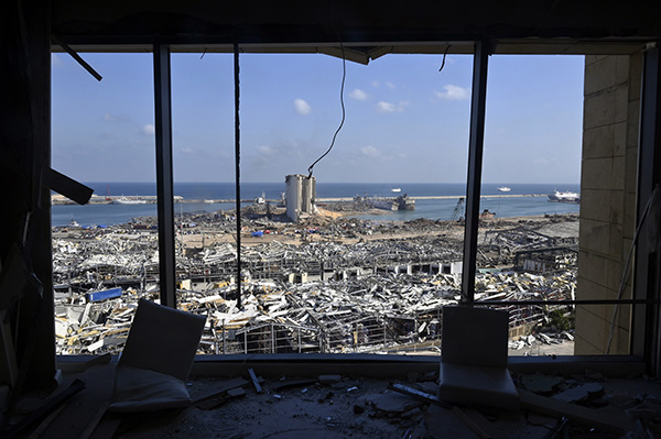 当地时间2020年8月4日，黎巴嫩贝鲁特，贝鲁特港口地区发生爆炸，建筑物被毁。澎湃影像 资料图