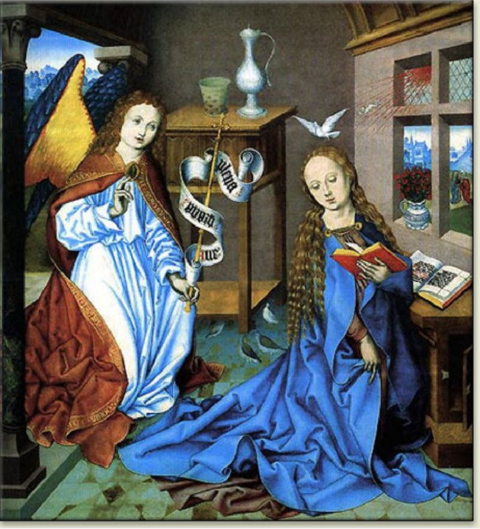 除了颜料之外，在金属、木头和羊皮纸上绘制颜色还需要特殊的粘合剂。古代欧洲工匠常用的粘合剂包括核桃油、阿拉伯树胶等，但最为常用的还是鸡蛋。尤其是在绘画作品当中，蛋彩画（tempera paint）在中世纪和近代早期绘画艺术中非常流行。本图为1490年前后的一幅圣母领报蛋彩画作品。